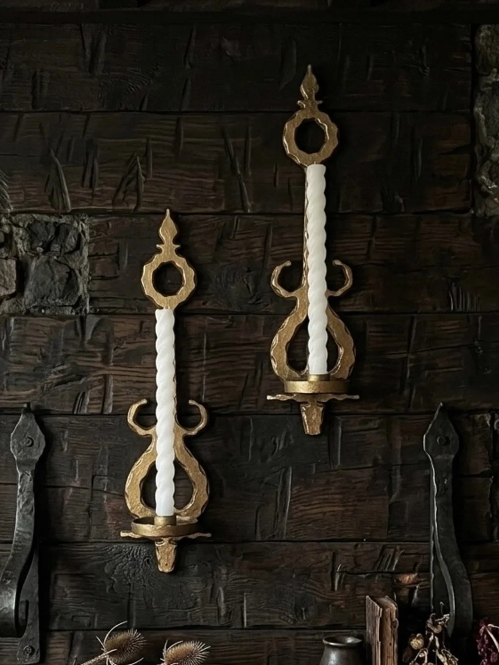 Vintage HomCo Brutalist Castlecore Gold Wall Candle Holders GothicFarmhouse Meta